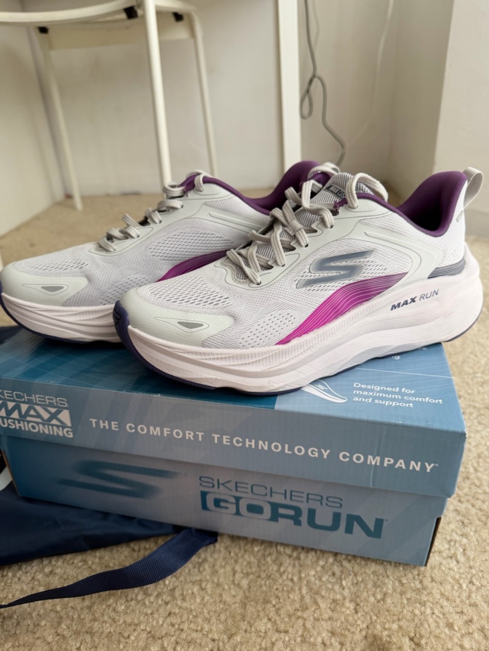 Skechers MAX Run Women's White with Purple Accent Athletic Sneakers